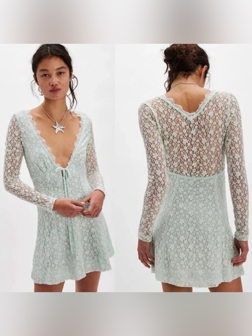 Free People Pale Mint Lace Long Sleeve Mini Dress